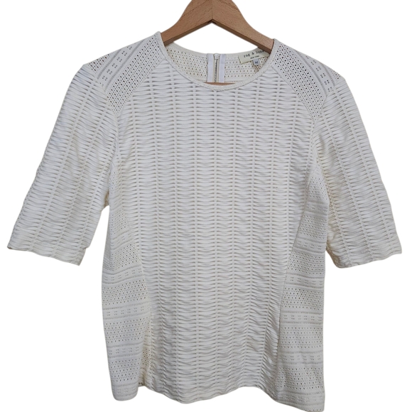 rag & bone Tops - Rag & Bone Top Cream Fitted Mixed Textured Stretch Zip Back Short Sleeve Medium